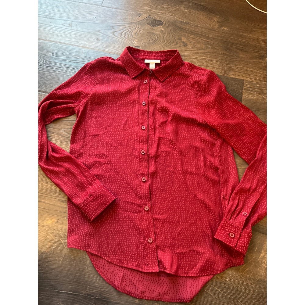 On 34th Womens XS Red Jacquard Dot Button Down Long Sleeve Blouse Shirt